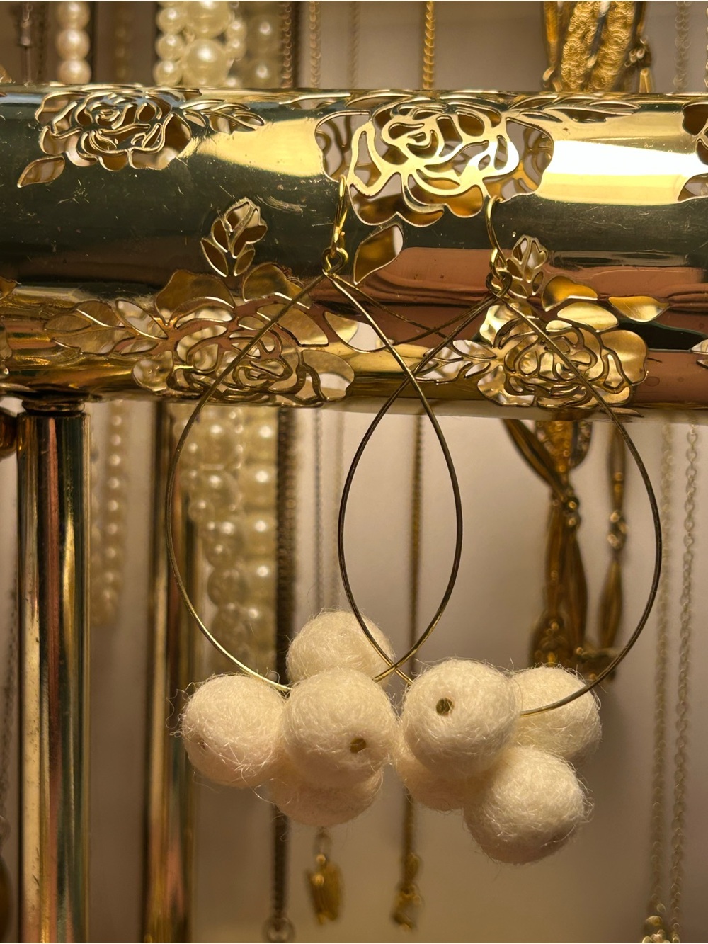 Cutie Gold Dangle Earrings with Cream Felt Ball Clusters